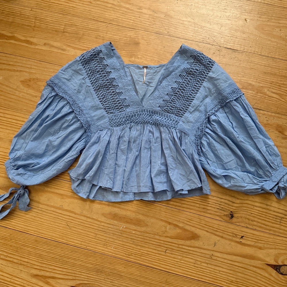 NWOT Free People Drive You Mad Blue Blouse